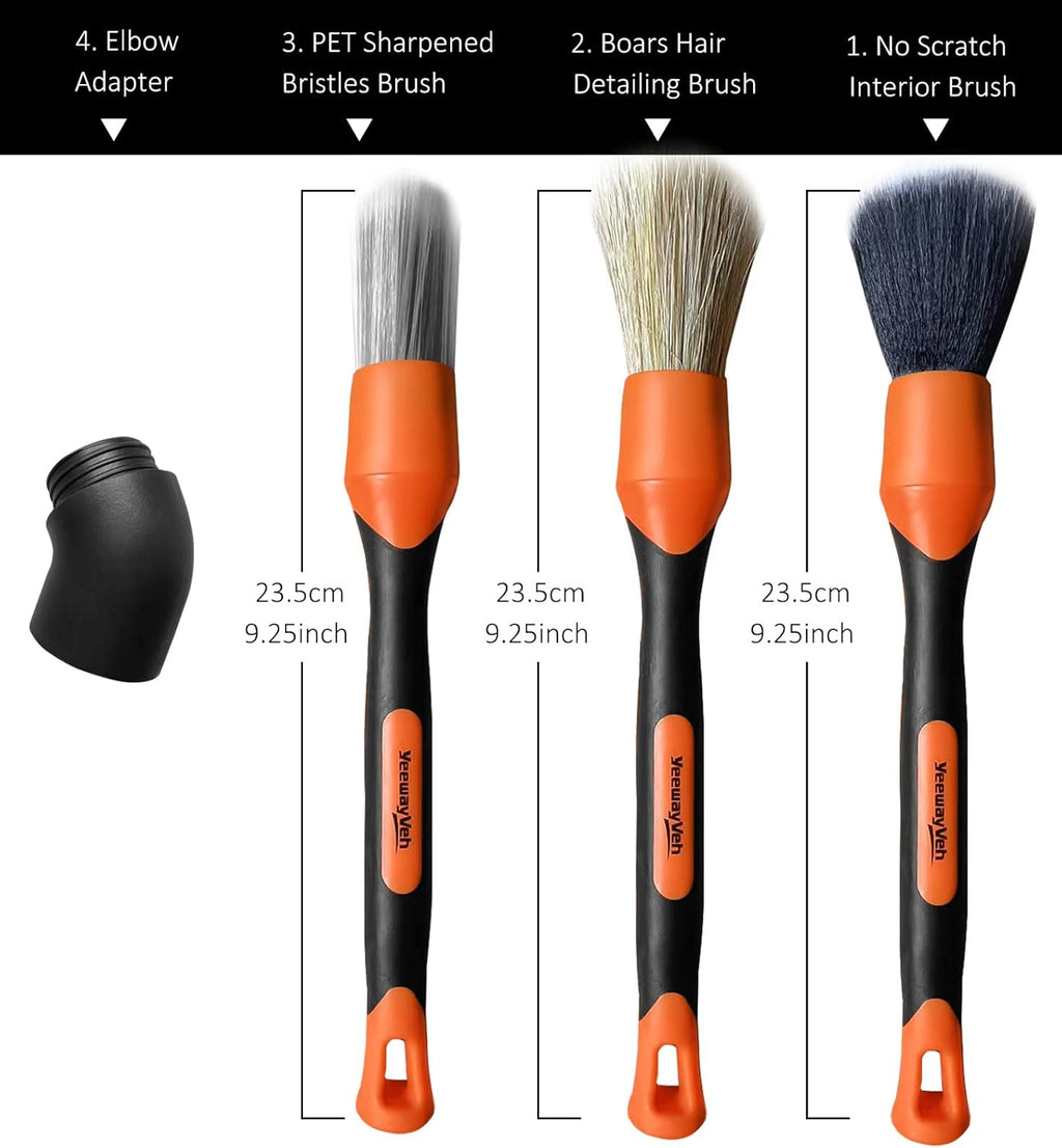 3Pcs Car Detailing Brush Set, Boars Hair Detailing Brushes, Ultra Soft Detail Brush for Air Vent Leather Seat, Scratch Free Car Detailing Brushes for Interior Exterior, Orange
