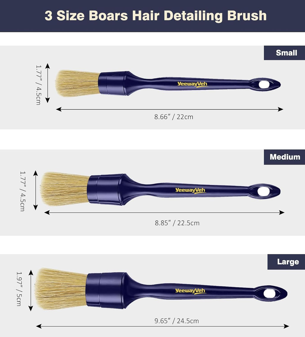 Car Detailing Brush Set, 3 Pack Ultra Soft Boars Hair Detailing Brushes for Leather Seat Air Vents Engine Bay, Auto Detail Brushes Car Detailing for Interior Exterior, Indigo