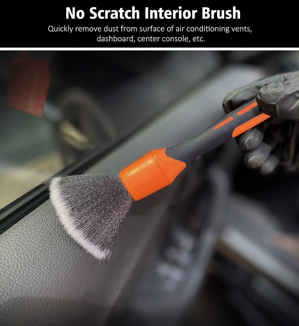 3Pcs Car Detailing Brush Set, Boars Hair Detailing Brushes, Ultra Soft Detail Brush for Air Vent Leather Seat, Scratch Free Car Detailing Brushes for Interior Exterior, Orange