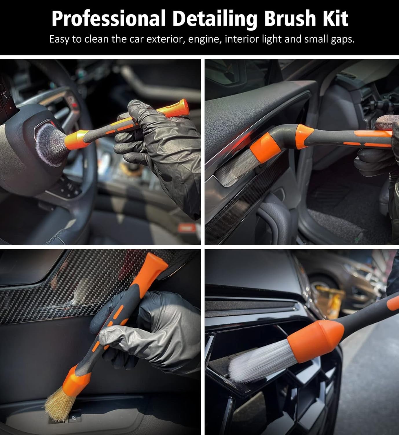 3Pcs Car Detailing Brush Set, Boars Hair Detailing Brushes, Ultra Soft Detail Brush for Air Vent Leather Seat, Scratch Free Car Detailing Brushes for Interior Exterior, Orange