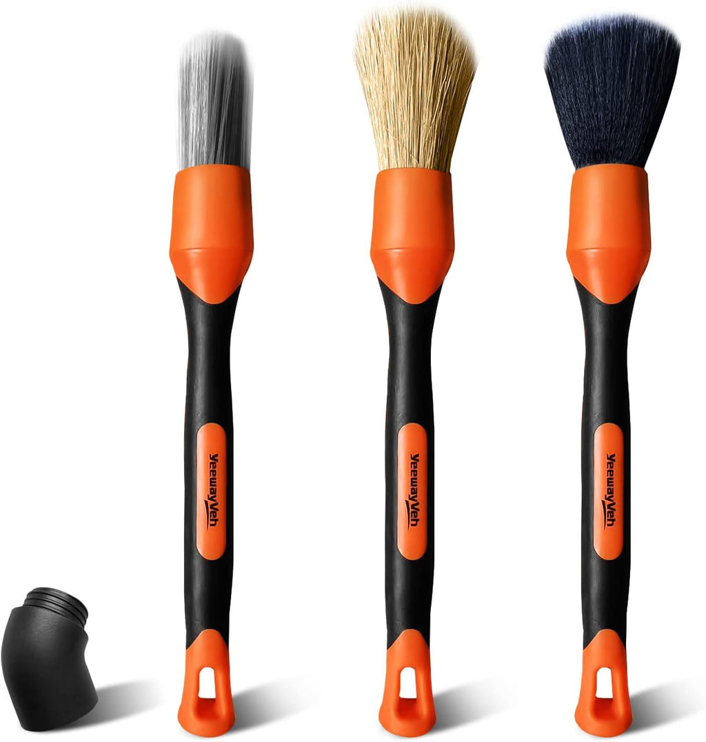 3Pcs Car Detailing Brush Set, Boars Hair Detailing Brushes, Ultra Soft Detail Brush for Air Vent Leather Seat, Scratch Free Car Detailing Brushes for Interior Exterior, Orange
