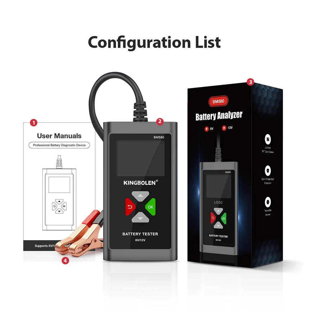 KINGBOLEN BM580 Car Battery Tester 6V 12V Automotive battery Tools Car Health Exam Reversible Access Clip Voltmeter PK BM550