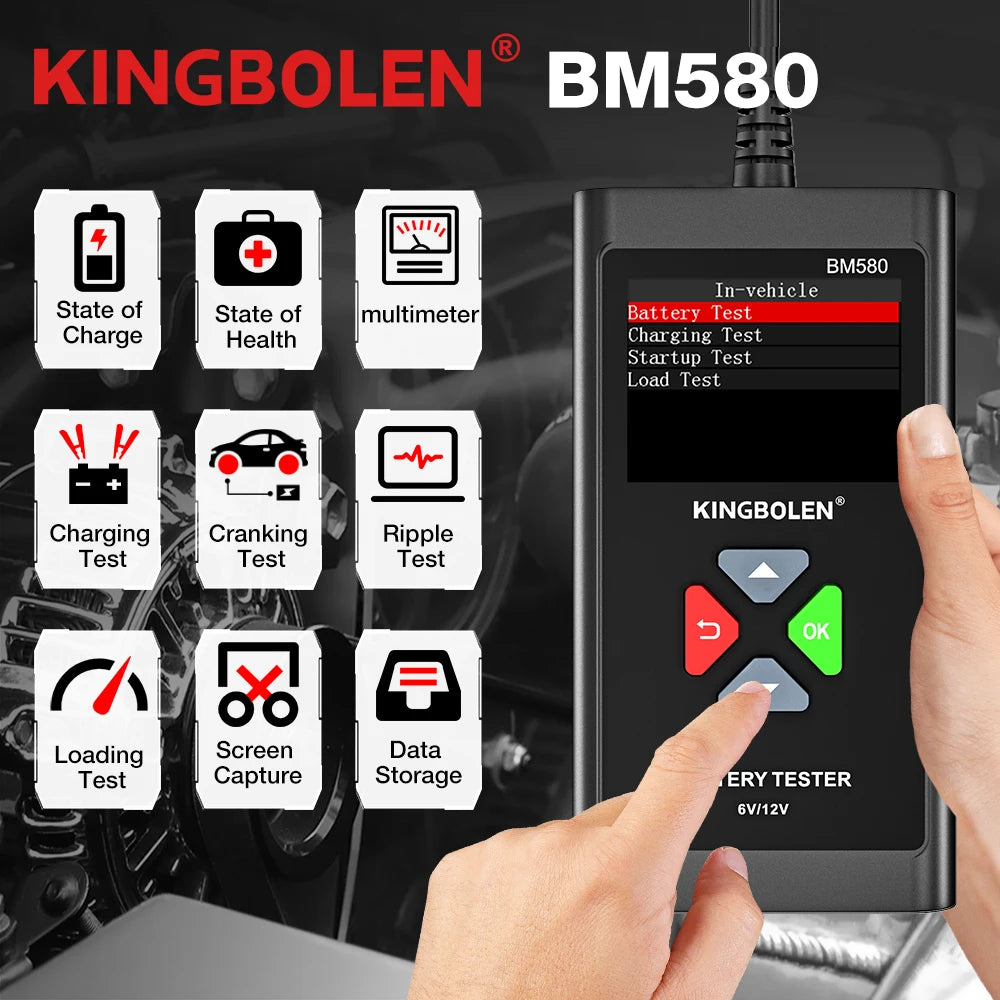 KINGBOLEN BM580 Car Battery Tester 6V 12V Automotive battery Tools Car Health Exam Reversible Access Clip Voltmeter PK BM550