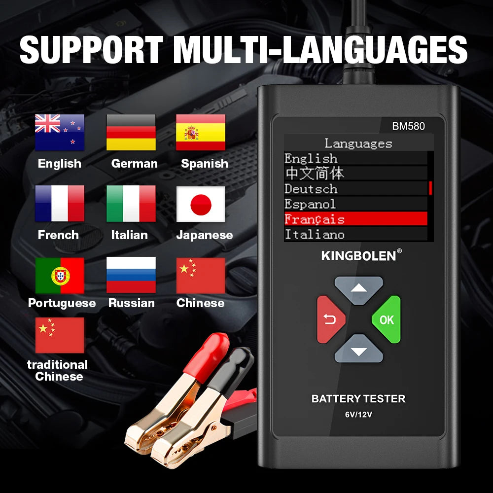 KINGBOLEN BM580 Car Battery Tester 6V 12V Automotive battery Tools Car Health Exam Reversible Access Clip Voltmeter PK BM550
