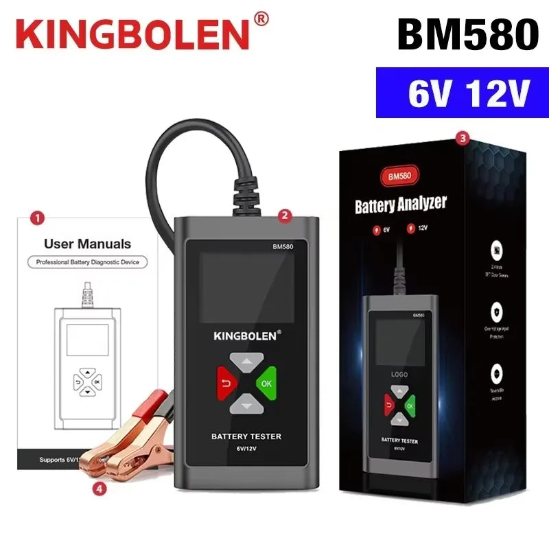 KINGBOLEN BM580 Car Battery Tester 6V 12V Automotive battery Tools Car Health Exam Reversible Access Clip Voltmeter PK BM550