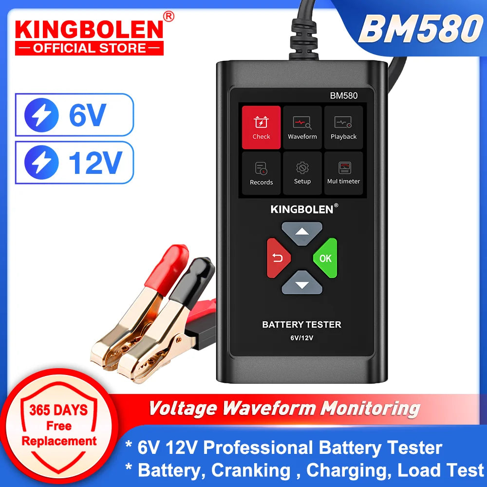 KINGBOLEN BM580 Car Battery Tester 6V 12V Automotive battery Tools Car Health Exam Reversible Access Clip Voltmeter PK BM550