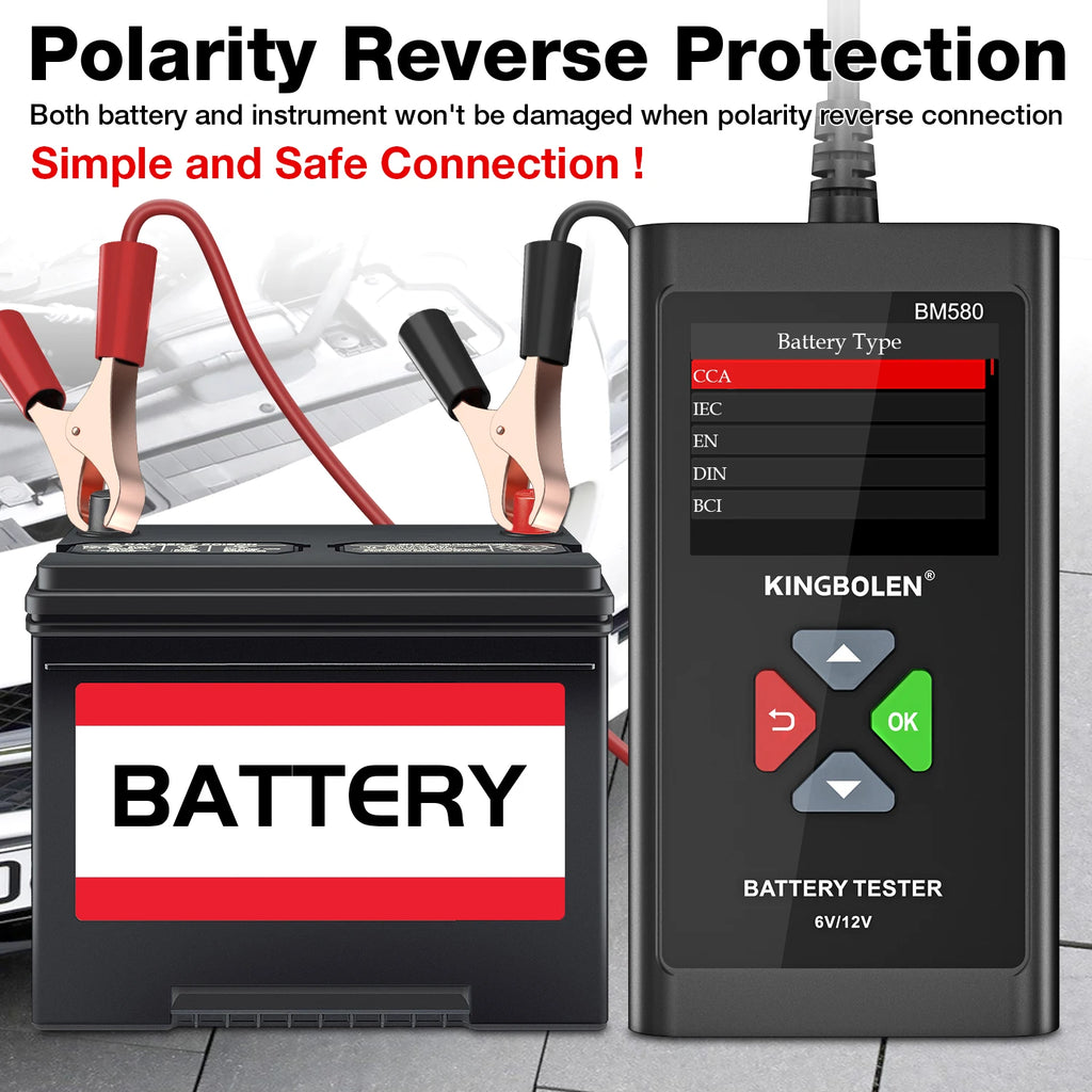 KINGBOLEN BM580 Car Battery Tester 6V 12V Automotive battery Tools Car Health Exam Reversible Access Clip Voltmeter PK BM550