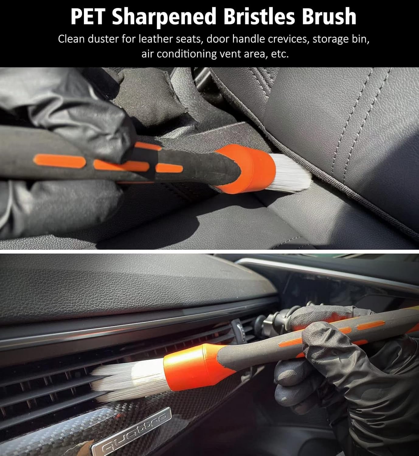 3Pcs Car Detailing Brush Set, Boars Hair Detailing Brushes, Ultra Soft Detail Brush for Air Vent Leather Seat, Scratch Free Car Detailing Brushes for Interior Exterior, Orange